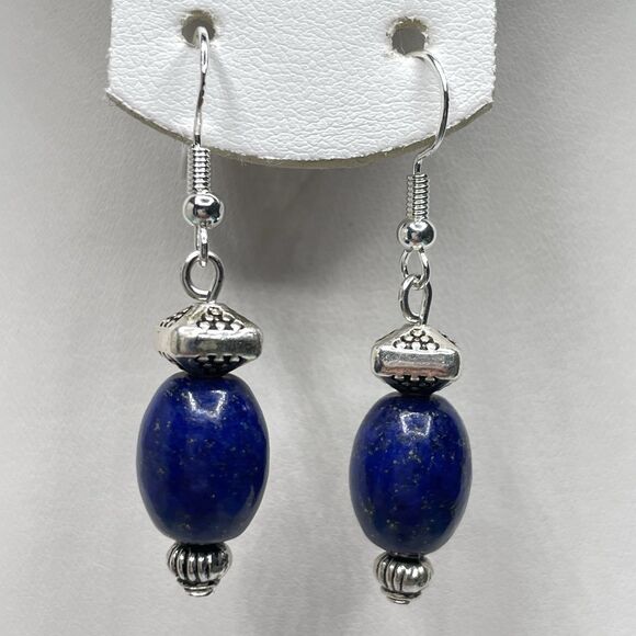 Artisan Silver Plated Blue Lapis Lazuli Stone Beaded Dangle Earrings Boho Cute - Picture 2 of 7